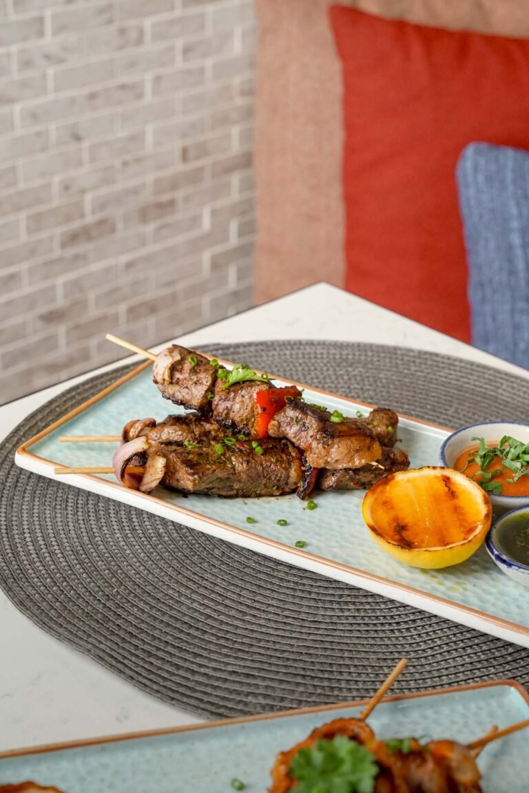 Marinated and grilled Picanha beef skewers. Served with our home made South American salsas Ranchero & Chimichurri