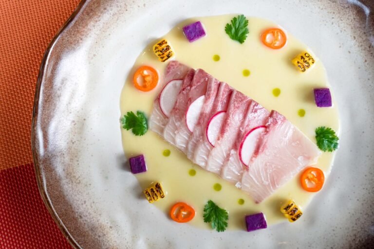 Thinly sliced Hamachi fish